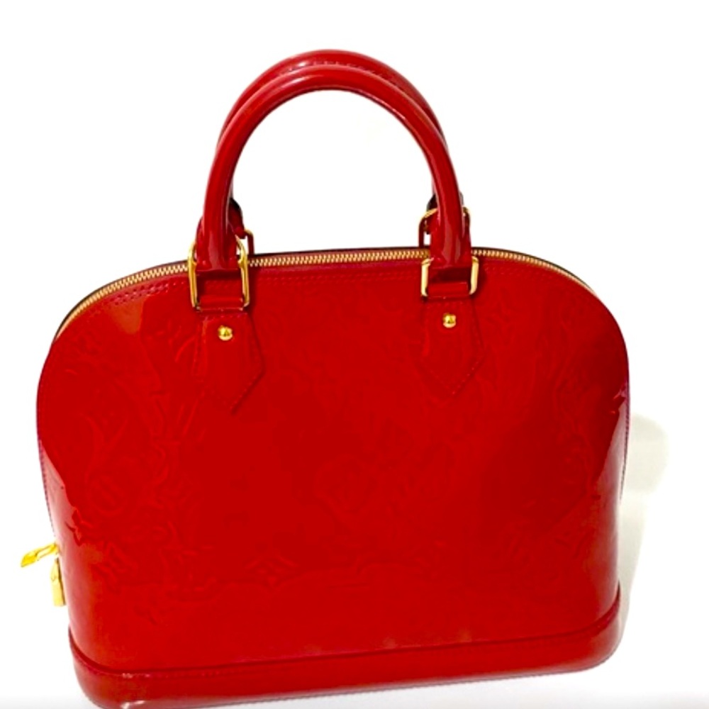 LOUIS VUITTON Monogram Vernis Alma PM Handbag Patent Leather Red.